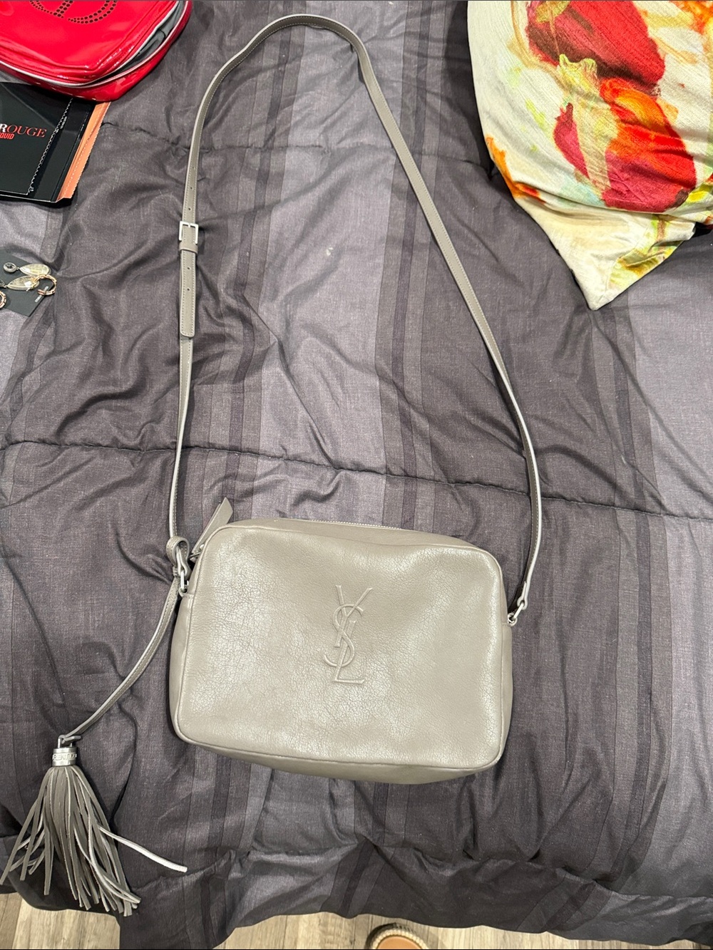 Saint Laurent Taupe Leather Camera Crossbody with Tassel